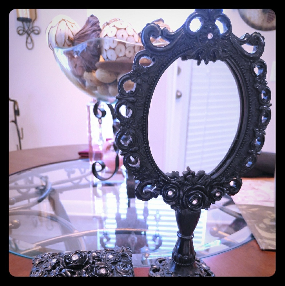 Flowery Black Hand Mirror and Box